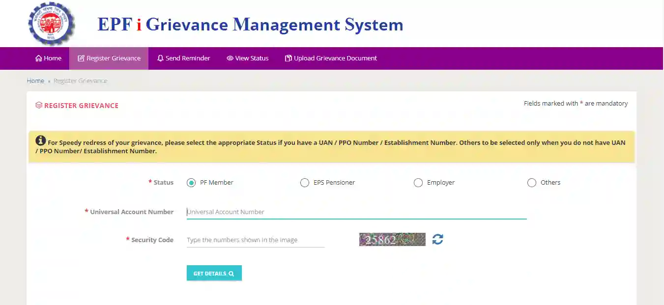 Click on Register Grievance